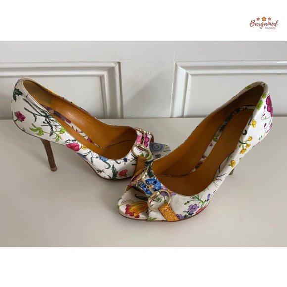 Authentic GUCCI Botanical Floral Satin & Karung Horsebit Peep Toe Pumps Size 7.5 - Picture 9 of 14